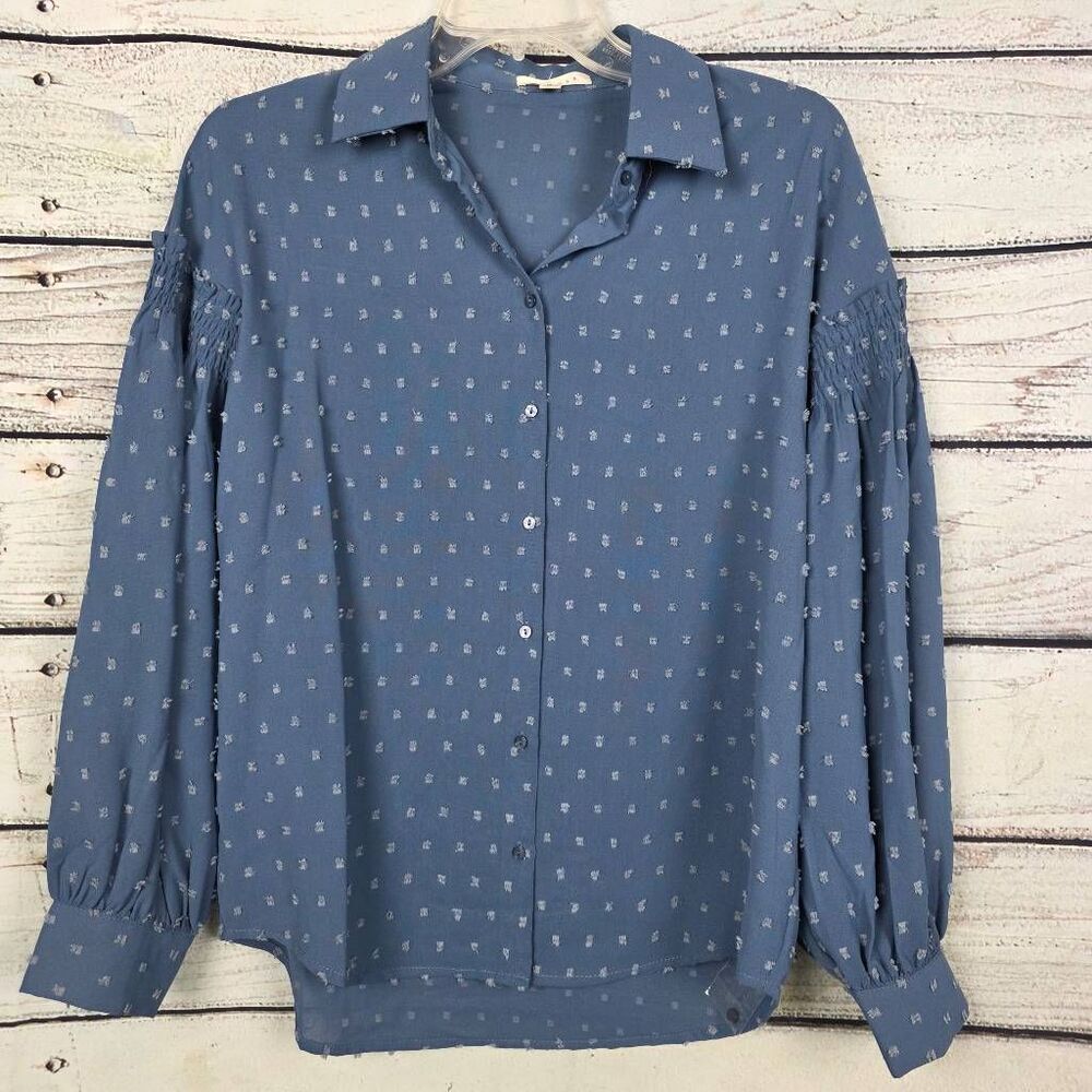 Promesa Blue Swiss Dot Button Down Blouse Small